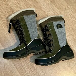 Sorel Tivoli III High Nori lace up winter boots, green/gray/black, size 7